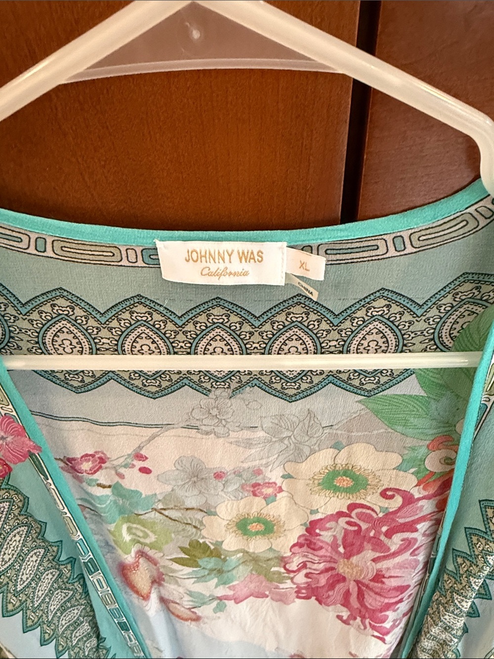 Johnny Was Floral Open-Front Tunic in Teal, White, Pink - Picture 3 of 3